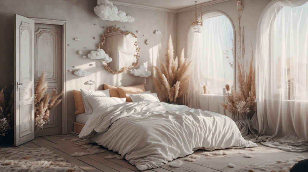 Chambre évoquant un rêve intime avec draps froissés et lumière tamisée