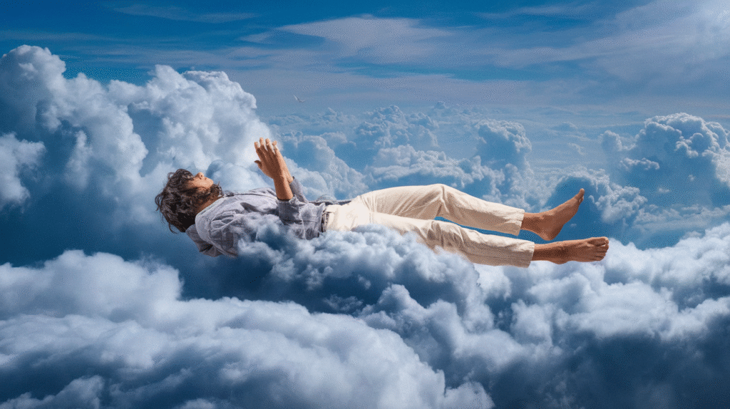 Personne rêvant de tomber dans un ciel nuageux symbolisant l'interprétation des rêves