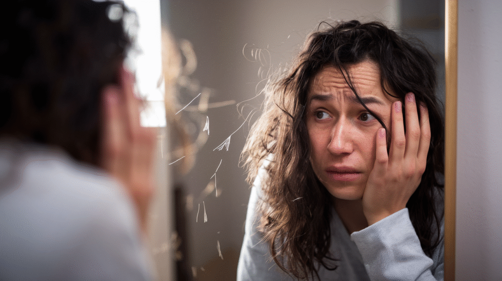 Personne découvrant avec inquiétude la perte de ses cheveux dans un rêve