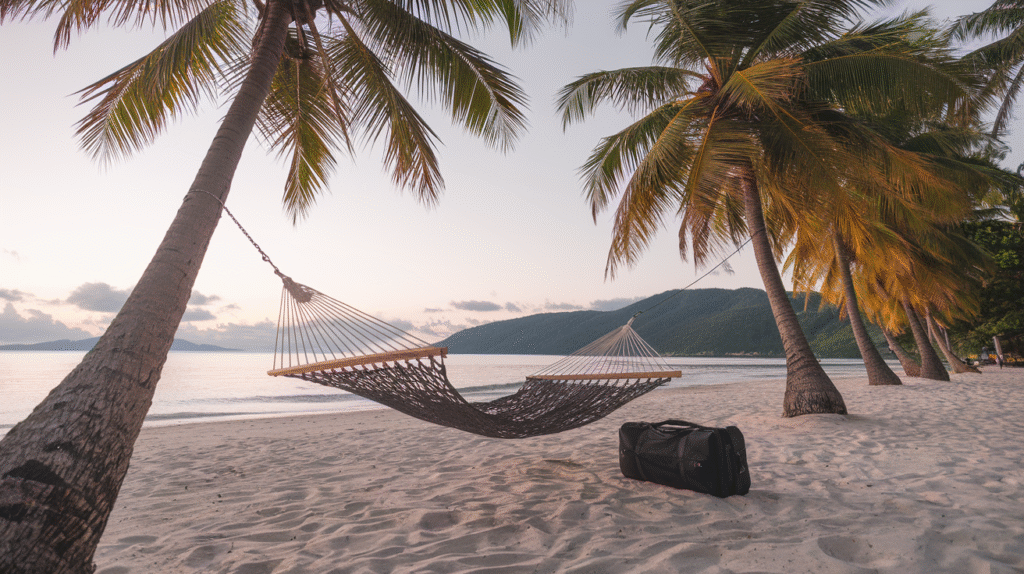 Symbolique d'un rêve de vacances représentée par un hamac vide entre palmiers