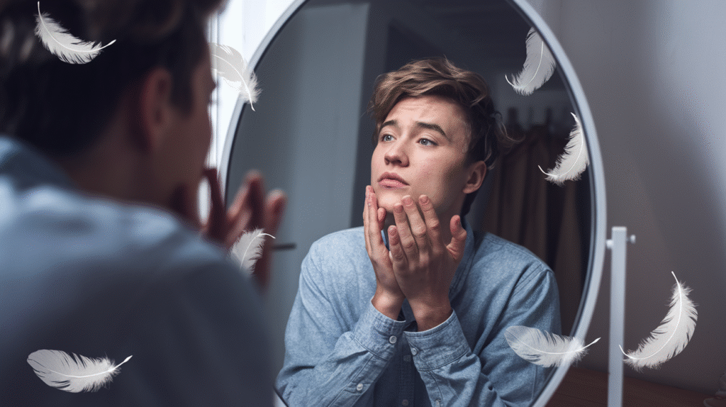 Personne rêvant de perdre du poids face à un miroir qui montre un reflet plus mince