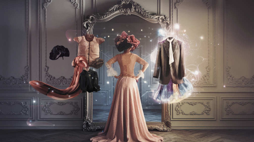 Personne rêvant de vêtements qui se transforment dans un miroir onirique