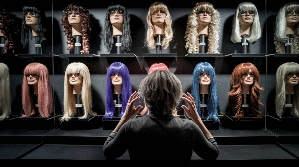Personne contemplant différentes perruques face à un miroir, symbolisant la quête d'identité dans les rêves