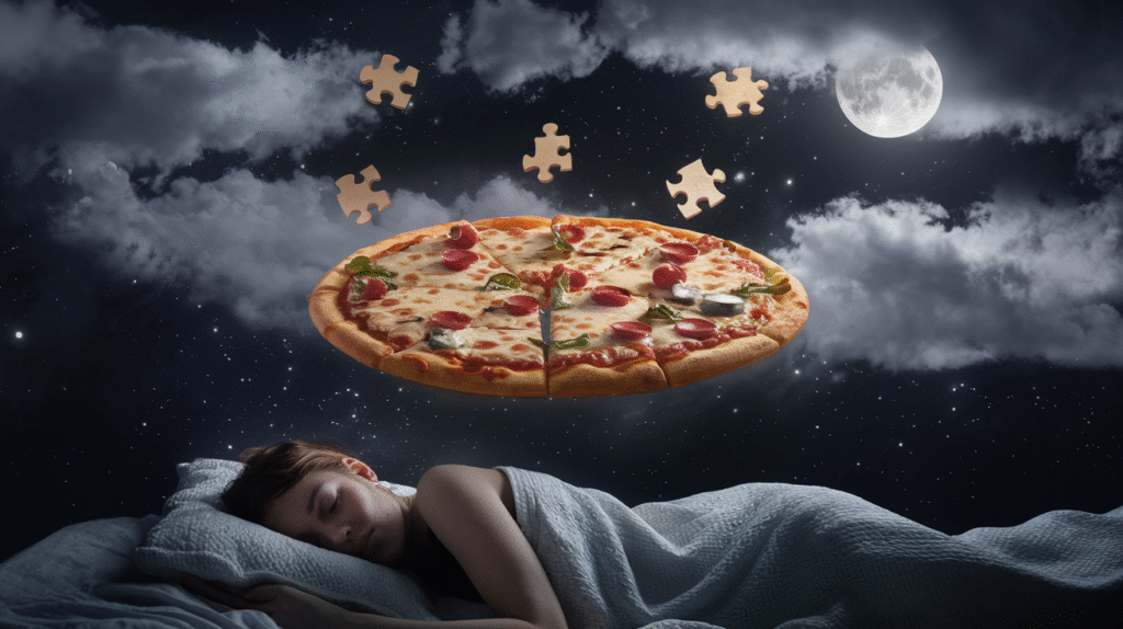 Pizza flottant dans un rêve symbolisant l'interprétation des rêves de nourriture