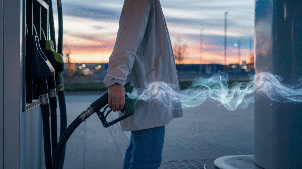 Personne rêvant à une pompe d'essence, symbolisant l'interprétation des rêves d'essence