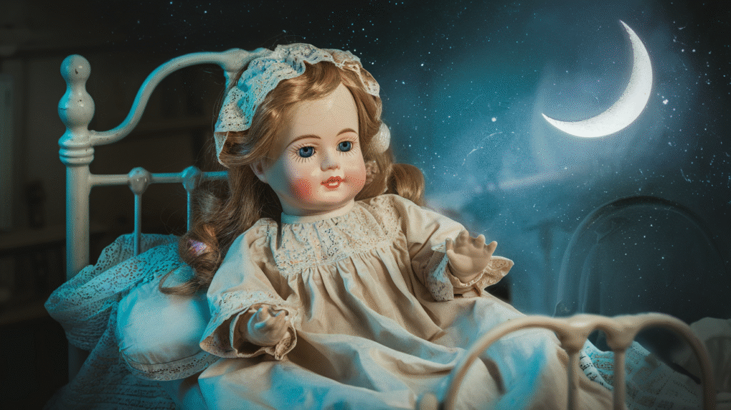 Poupée ancienne dans un rêve mystérieux baignée de lumière bleue