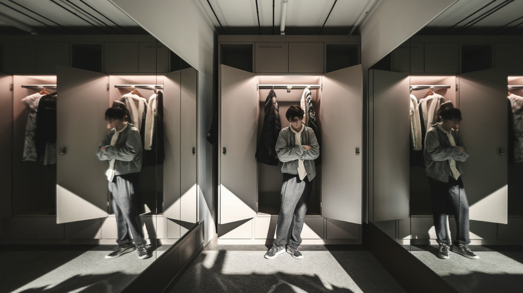 Personne pensive dans un vestiaire symbolisant la transformation identitaire dans un rêve