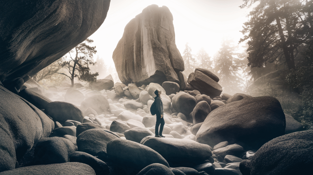 Personne contemplant des rochers dans un paysage onirique brumeux