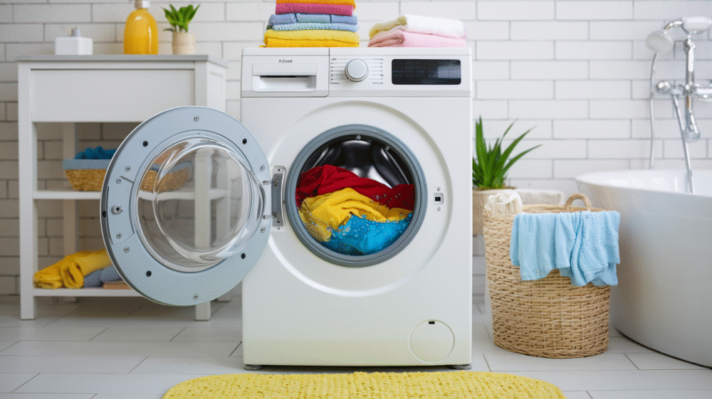 Machine à laver en cycle avec linge coloré symbolisant la purification émotionnelle