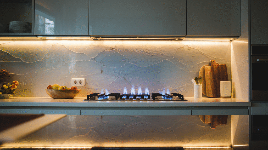 Cuisinière à gaz avec flammes bleues dans un environnement domestique apaisant