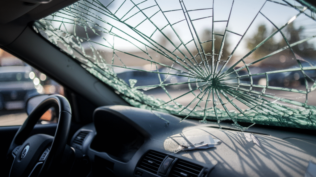 Pare-brise de voiture fissuré avec motif en toile d'araignée symbolisant un rêve