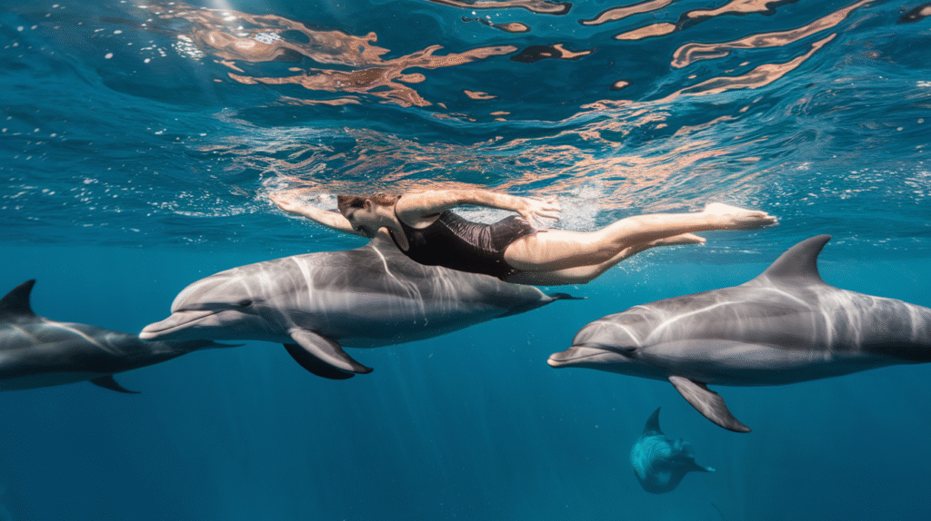 Personne nageant harmonieusement avec des dauphins dans un rêve symbolique