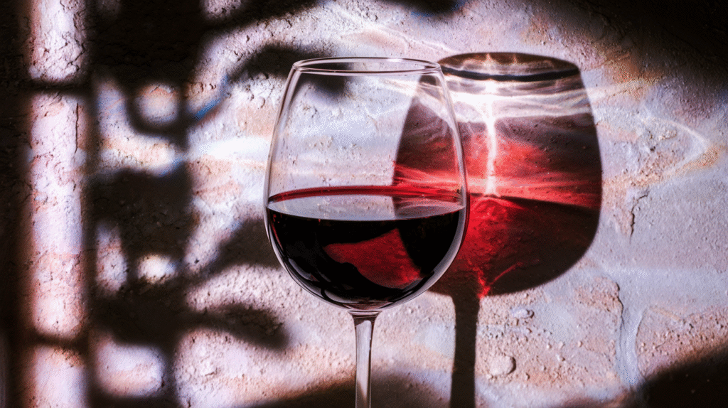 Un verre de vin rouge dans un contexte onirique symbolisant la signification des rêves