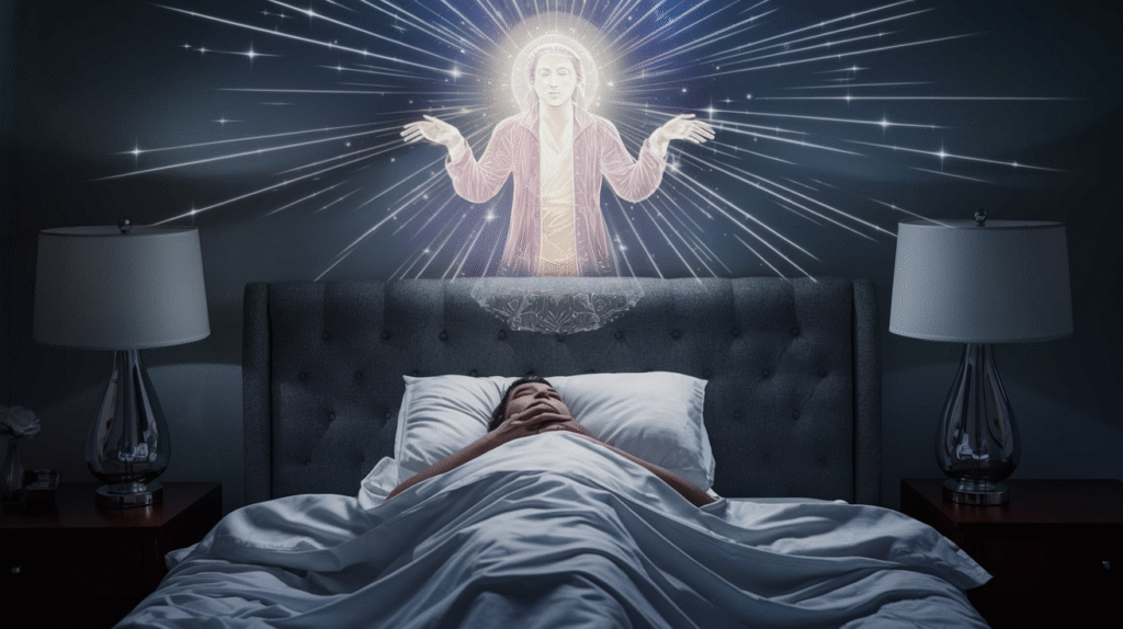 Personne rêvant de Dieu, entourée d'une présence divine lumineuse pendant son sommeil