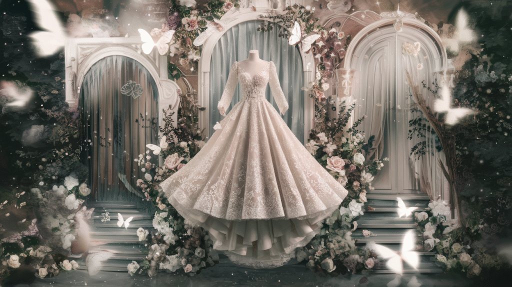 Robe de mariée symbolique dans un rêve, entourée d'éléments représentant la transformation personnelle