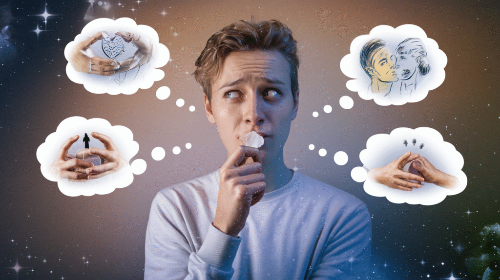 Personne réfléchissant au sens d'un rêve de chewing-gum avec symboles oniriques