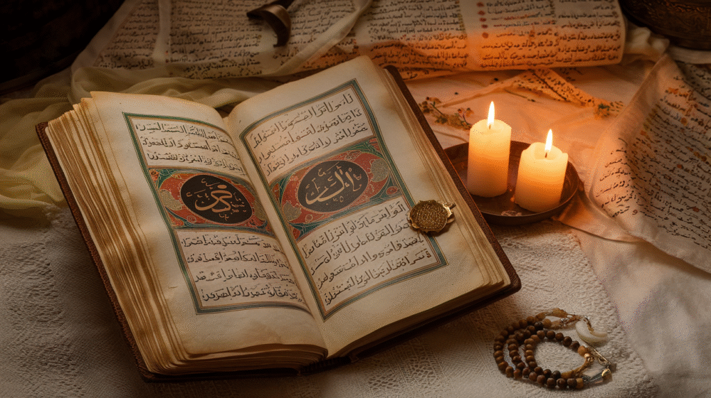 Livre d'interprétation des rêves islamique ouvert avec calligraphie arabe