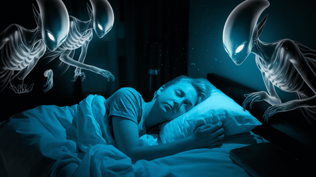 Rêve d'extraterrestres symbolisé par des silhouettes lumineuses au-dessus d'un dormeur