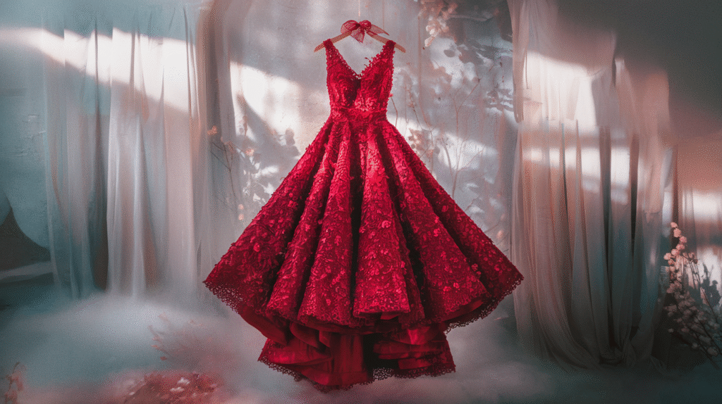 Robe rouge flottant dans un environnement onirique symbolisant passion et transformation
