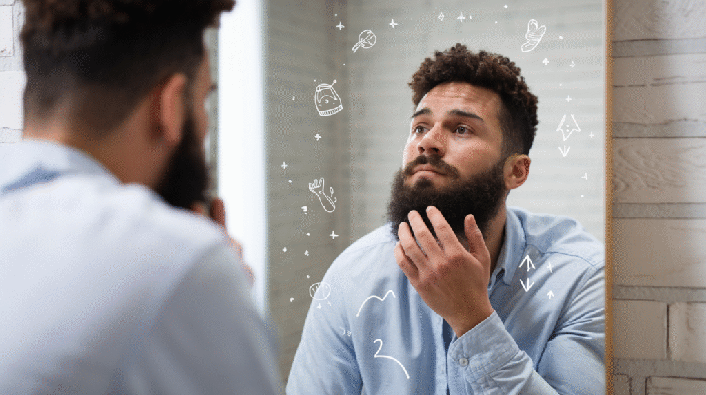 Personne réfléchissant à la signification de son rêve de barbe devant un miroir