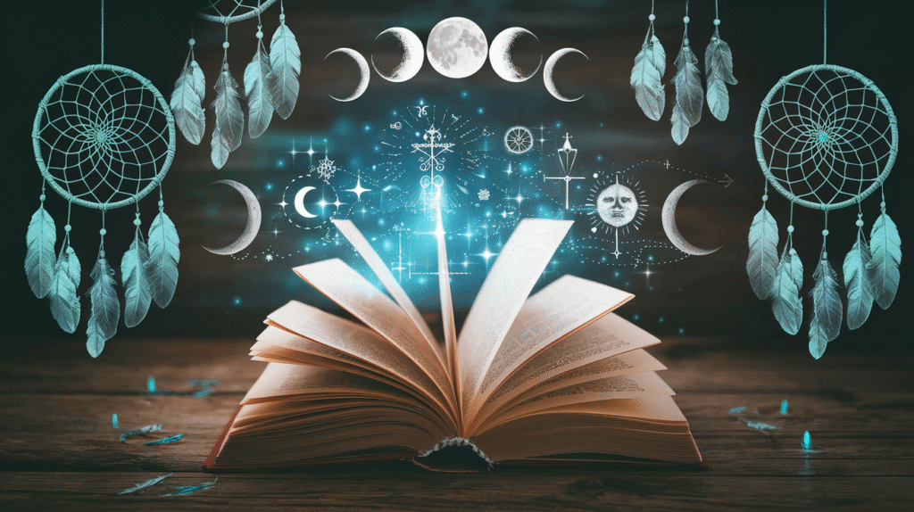 Dictionnaire des rêves de Tristan Moir avec symboles oniriques émergeant des pages