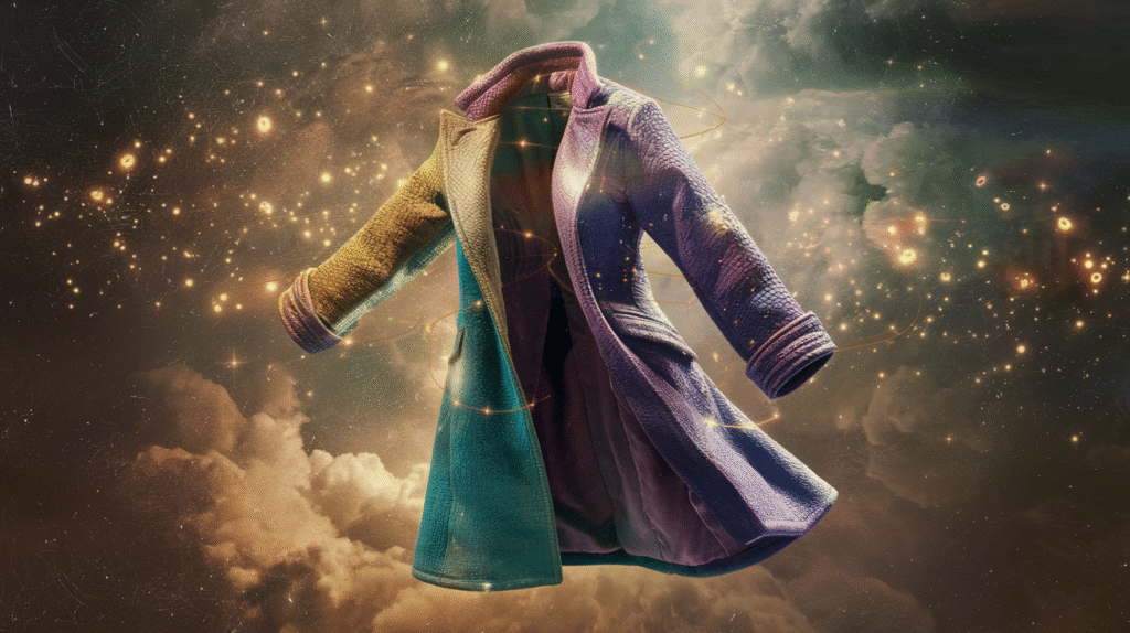 Un manteau flottant aux textures variées symbolisant l'interprétation des rêves