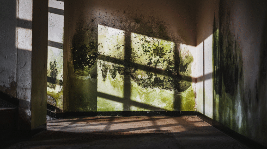 Mur intérieur avec moisissures verdâtres symbolisant des émotions refoulées