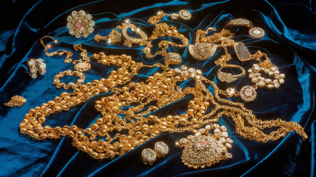 Bijoux en or scintillants sur un tissu de velours symbolisant l'interprétation des rêves