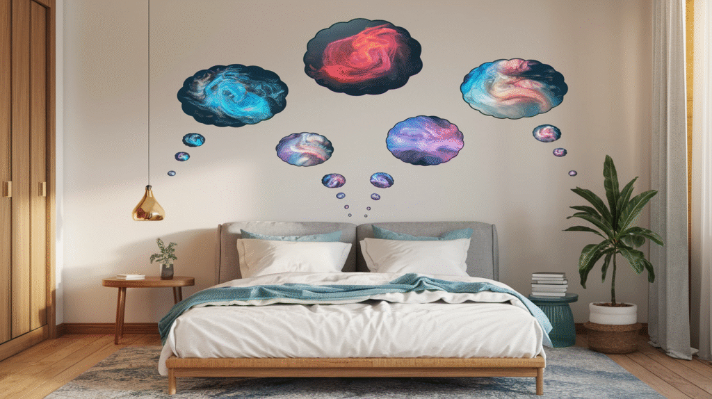 Symboles colorés dans un rêve avec différentes nuances de bleu, rouge et rose
