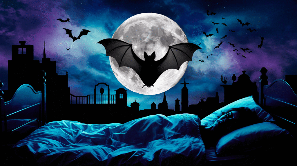 Chauve-souris volant au-dessus d'une personne endormie, symbolisant les rêves
