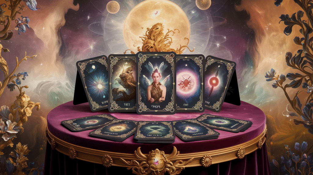 Cartes des Rêves Enchantés de Lenormand avec symboles dorés et illustrations mystiques