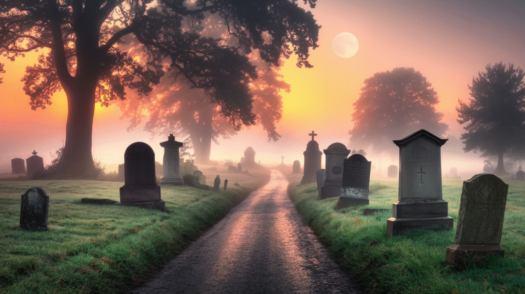 Rêve de monument funéraire dans un cimetière brumeuse au coucher du soleil