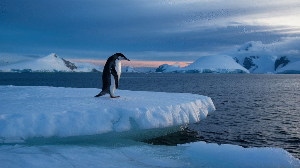 Un pingouin solitaire au bord de la banquise regardant l'horizon marin