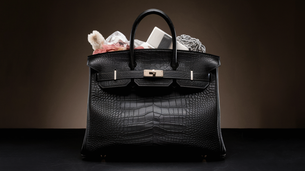 Sac à main noir élégant entrouvert révélant son contenu mystérieux