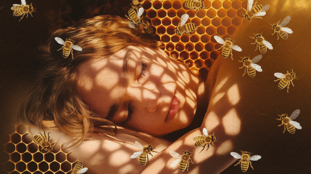 Rêve d'abeilles dorées volant autour d'une personne endormie