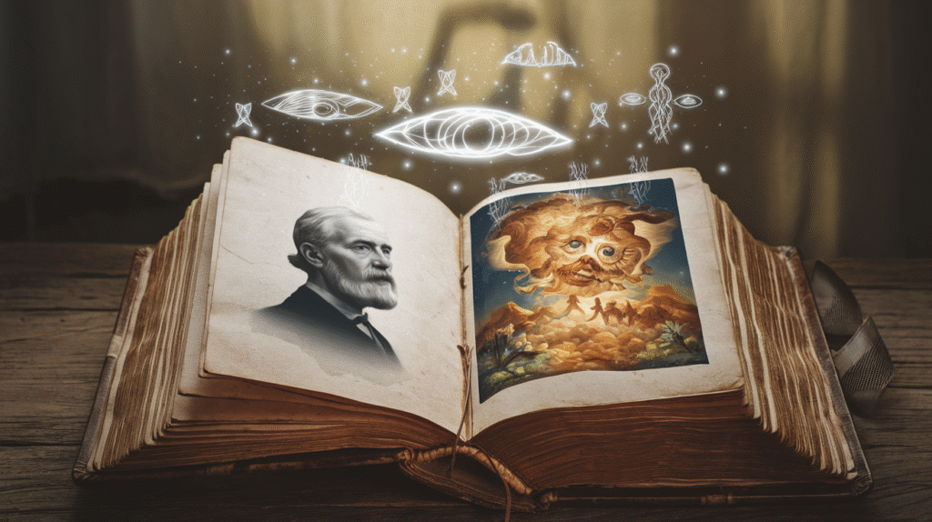 Livre ouvert sur l'interprétation des rêves de Freud avec symboles oniriques