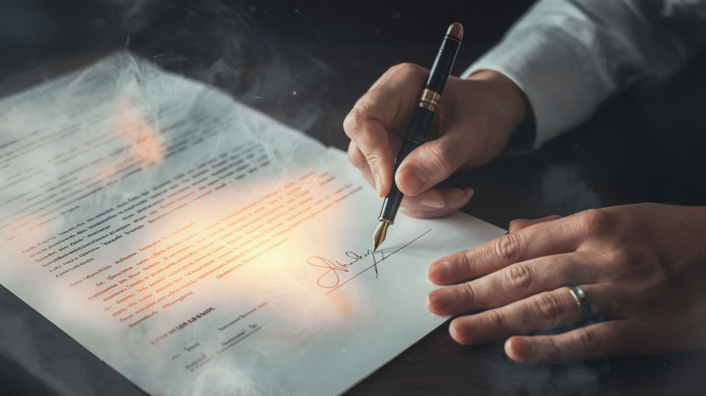 Main signant un document important dans un rêve symbolique