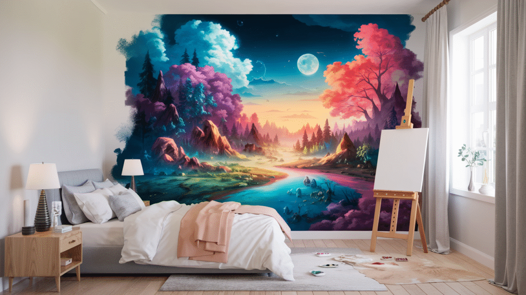 Rêve de peinture sur un mur se transformant en paysage onirique