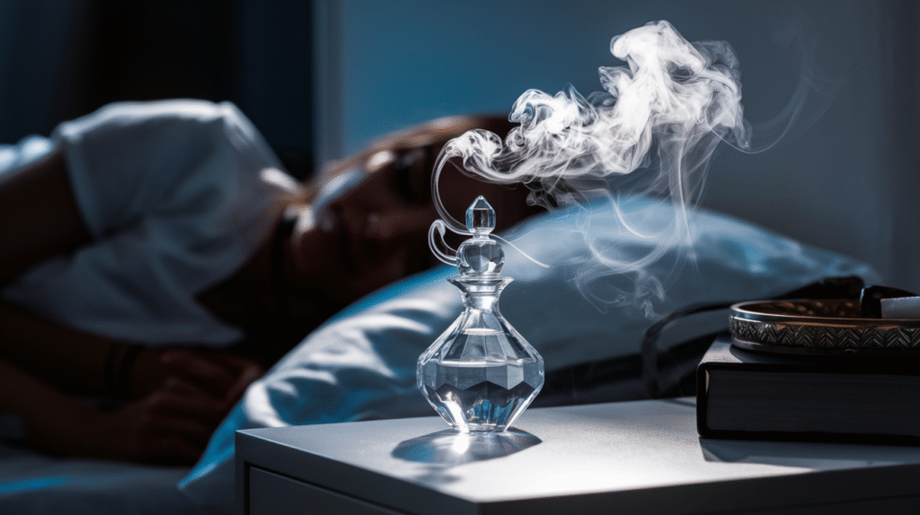 Flacon de parfum dans un rêve avec vapeurs mystérieuses