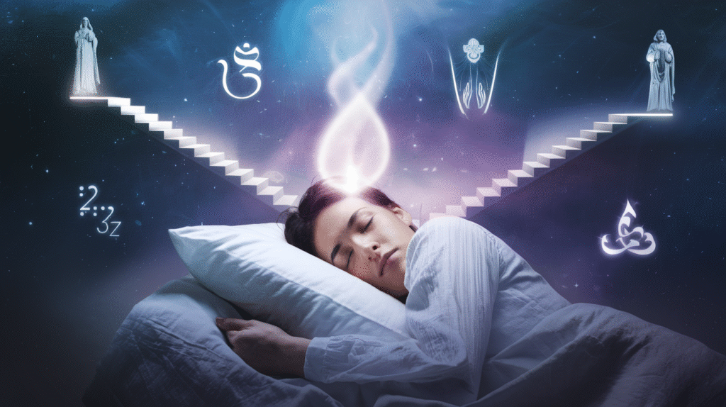Personne endormie expérimentant un rêve spirituel avec symboles lumineux