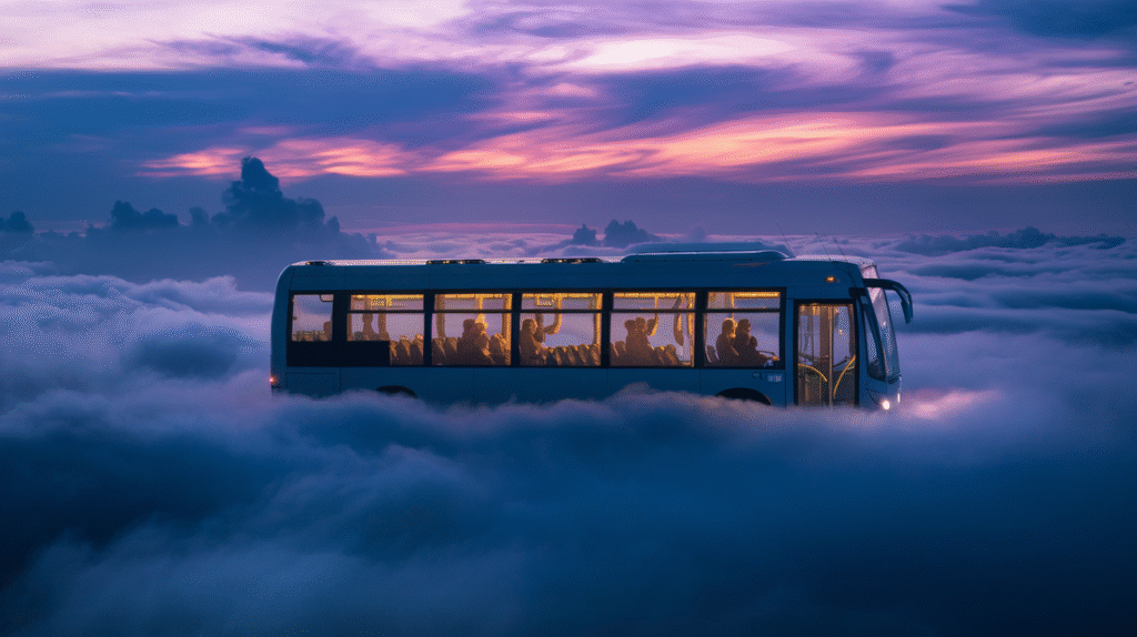 Rêve symbolique d'un bus traversant un paysage onirique