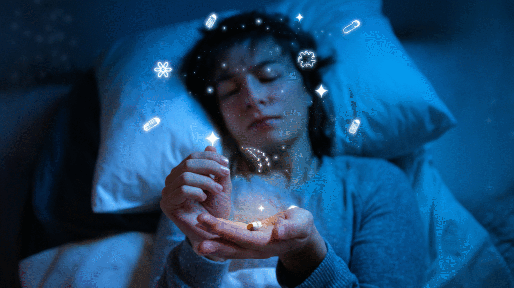 Personne rêvant de médicaments avec des symboles oniriques flottants
