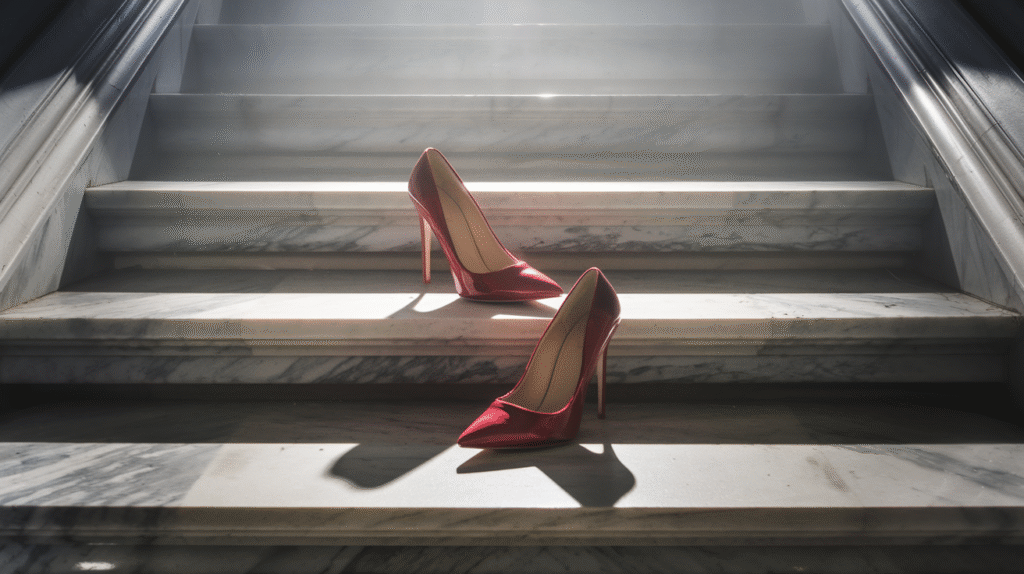 Chaussures à talon rouge sur un escalier, symbolisant l'interprétation des rêves