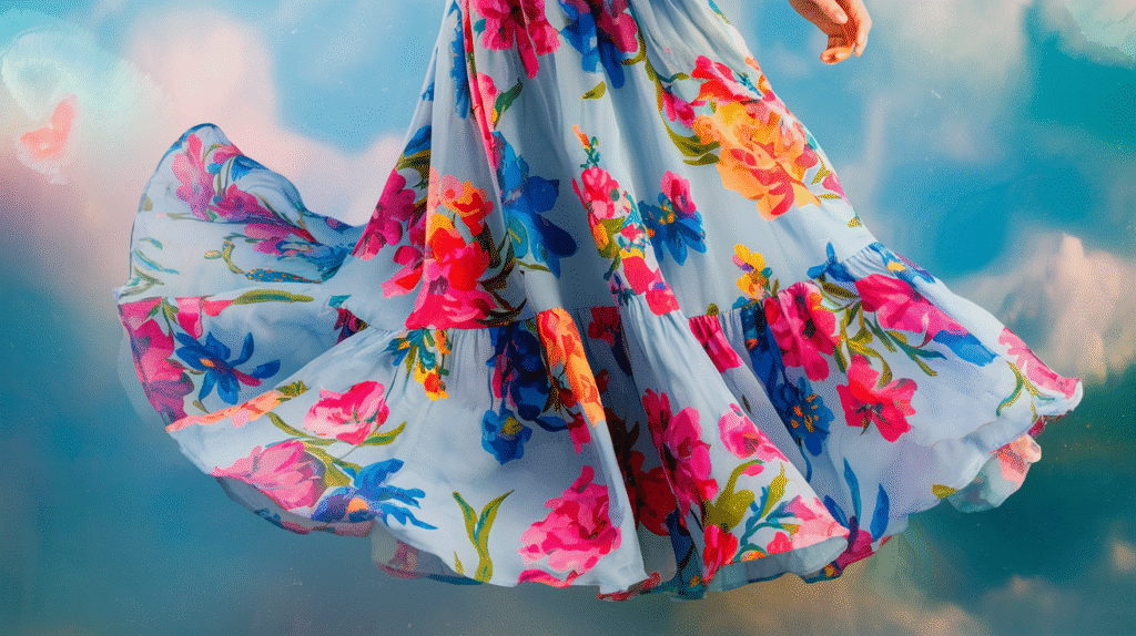 Robe à motifs floraux colorés flottant dans un rêve