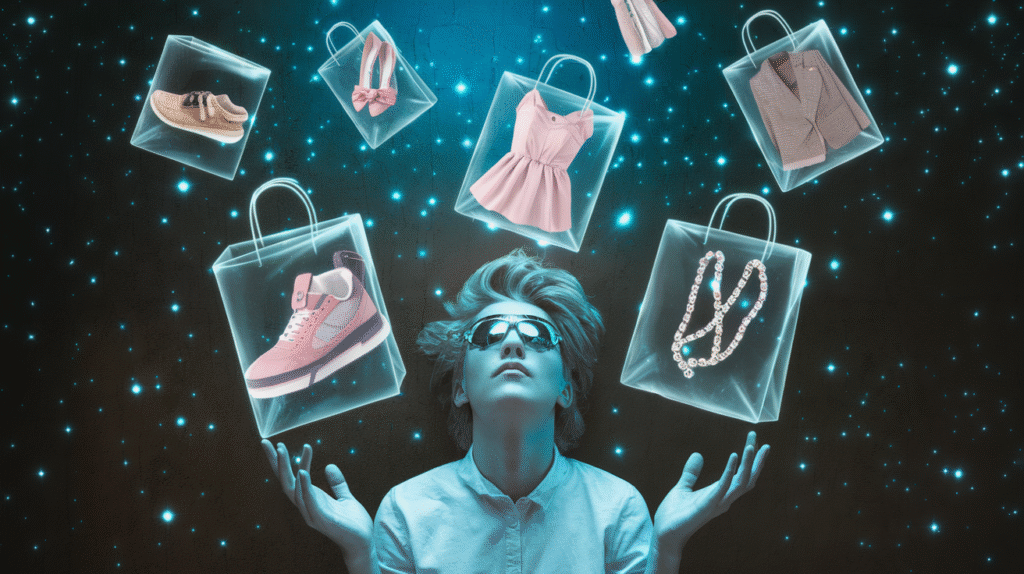 Personne rêvant d'achats symboliques avec vêtements, chaussures et bijoux