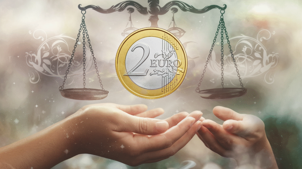 Pièce de 2 euros flottant dans un rêve symbolisant la dualité spirituelle