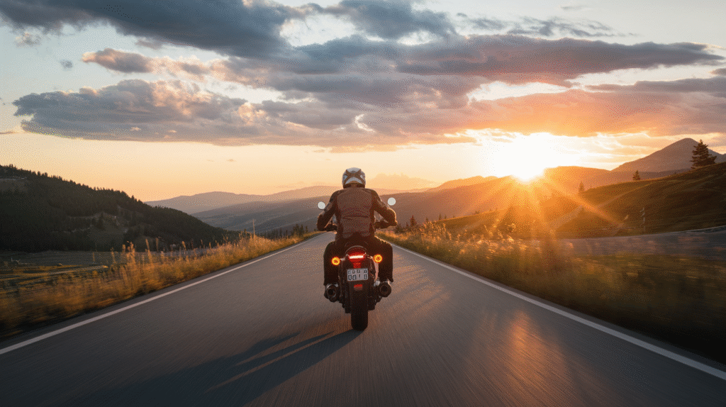 Motard roulant sur une route de montagne au coucher du soleil, symbolisant la liberté des rêves de moto