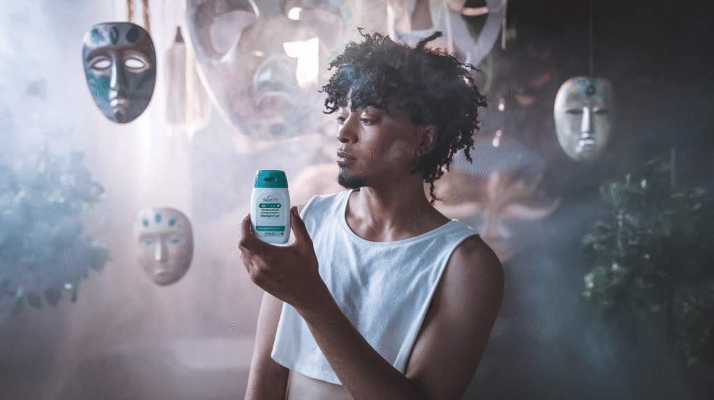 Personne contemplant un déodorant dans un environnement onirique symbolisant le masque social