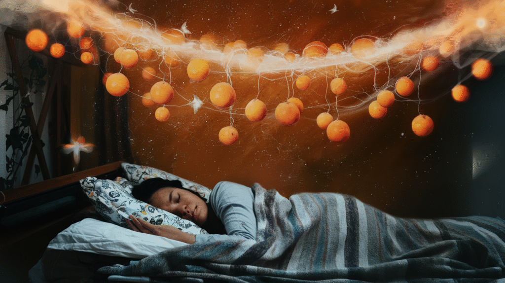 Personne rêvant d'oranges entourée d'une aura orangée symbolique