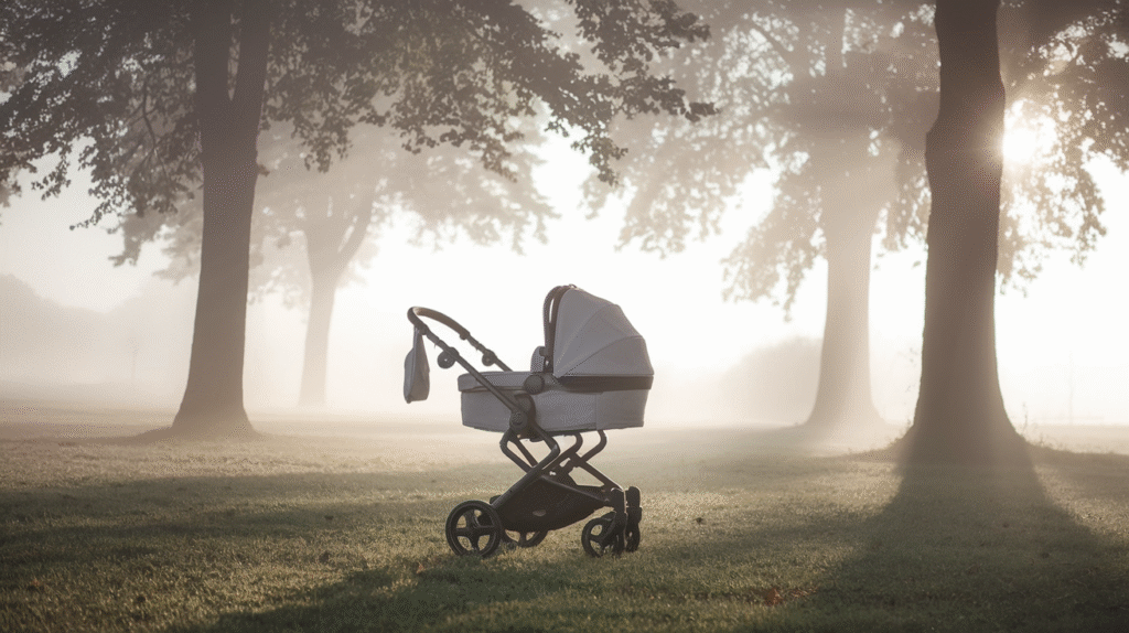 Poussette vide dans un environnement onirique symbolisant l'interprétation des rêves